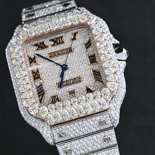Alposh Cartier Swiss Eta Automatic Movement Full Ice Out Rose Gold Moissanite Diamond Watch And Make Heighted Bezel With Precious Stone.