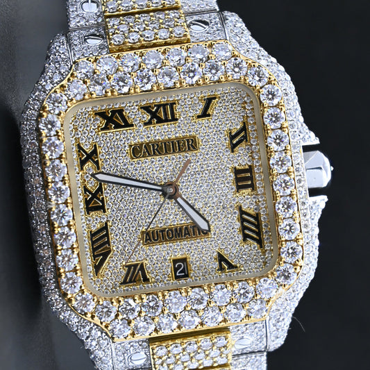 Alposh Cartier Swiss Eta Automatic Movement Full Ice Out In Yellow Gold Real VVS Moissanite Diamond Watch And Heighted Middle Belt Collet and Bezel