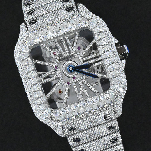Alposh Cartier Swiss Eta Automatic Movement Bust Down Watch,100 %  Full White Ice Out Studded With Real VVS Moissanite Diamond Watch For Men