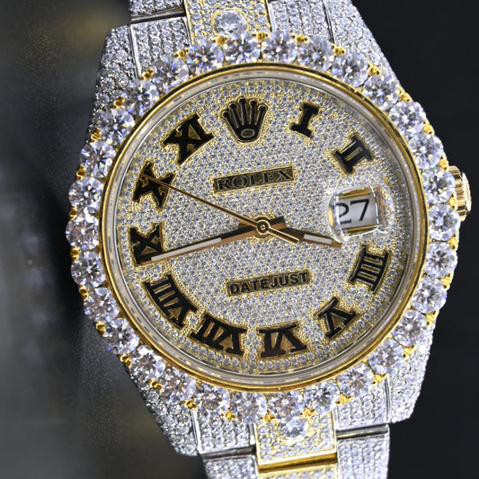 Alposh Rolex Date Just Swiss Eta Automatic Movement Yellow Gold Two Tone Full Ice Out Real VVS Moissanite Diamond Watch Make Heighted Bezel